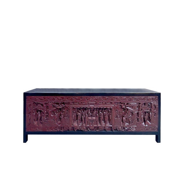 Black Brick Red Opera Scenery Relief Carving Panel Low Console Table Cabinet For Sale - Image 10 of 10
