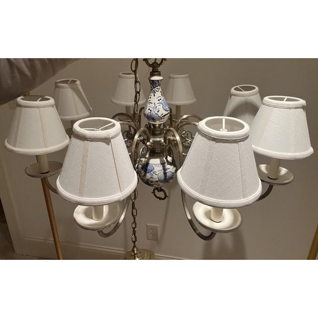 Metal Vintage Tuscan Blue and White Eight-Arm Chandelier With Shades For Sale - Image 7 of 7