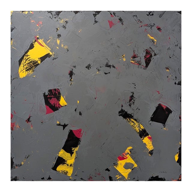 Colorful abstract expressionist painting by contemporary Texas artist Winifred Booth. The work features sections of bright...