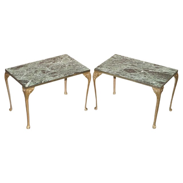 Green Marble Top Side Tables with Bronzed Frames, Set of 2 For Sale