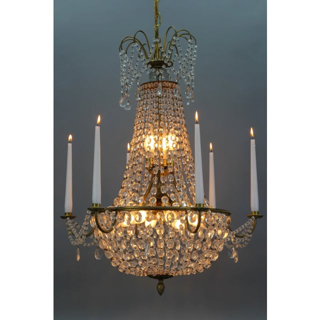 French Louis XVI Style Brass and Crystal Basket 9-Light Chandelier For Sale - Image 9 of 18