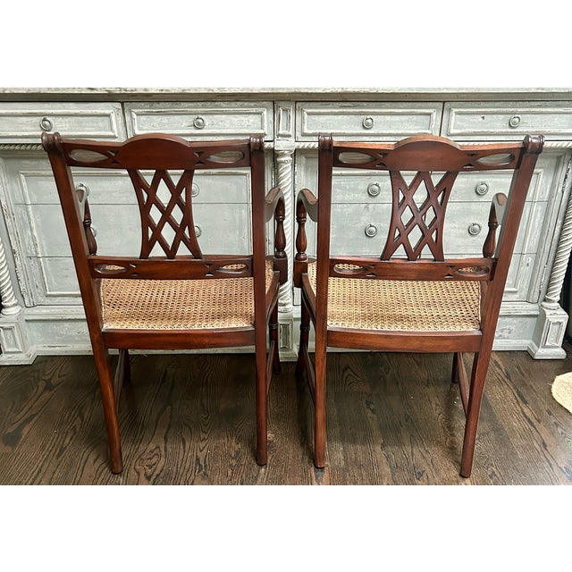 Brown Pair of Regency Style Mahogany Armchairs With Blue and White Chinoiserie Cushions For Sale - Image 8 of 11