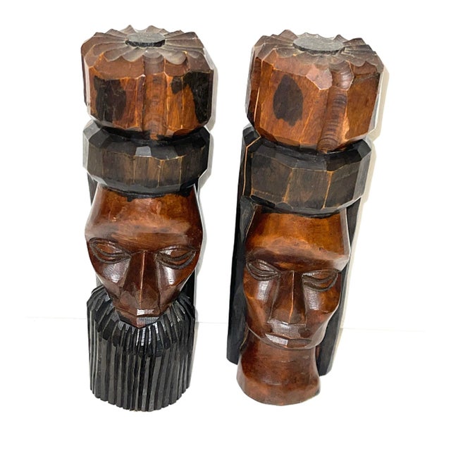 Wood African Tribal Wood Sculptures - Pair of 2 For Sale - Image 7 of 7