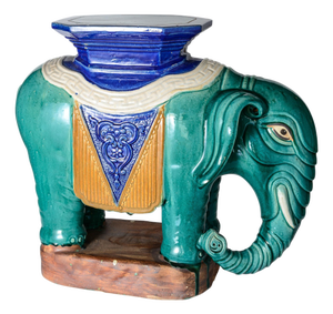 Glazed Ceramic Chinoiserie Elephant Garden Stool& Plant Stand, Made in Vietnam