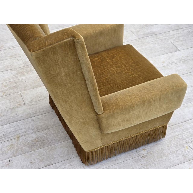 Vintage Danish Highback Chair in Yellow Furniture Velour, 1970s For Sale - Image 11 of 18