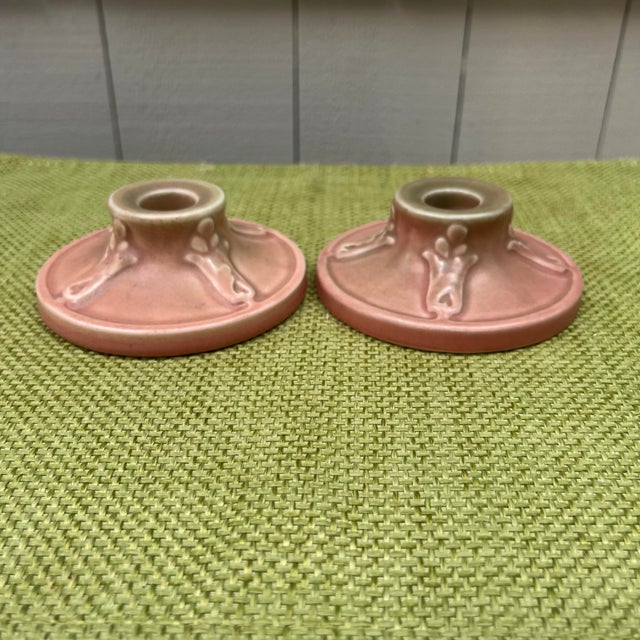 Rookwood Pottery 1919 Rookwood Pottery Pink Matte Candlestick Holders – Shape 2472- a Pair For Sale - Image 4 of 12