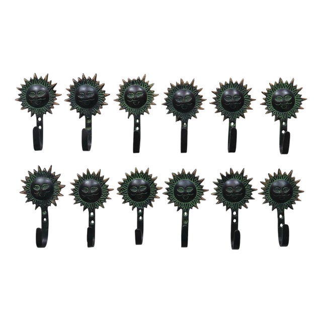Bohemian Sun Green Brass Wall Hooks - Set of 12 For Sale