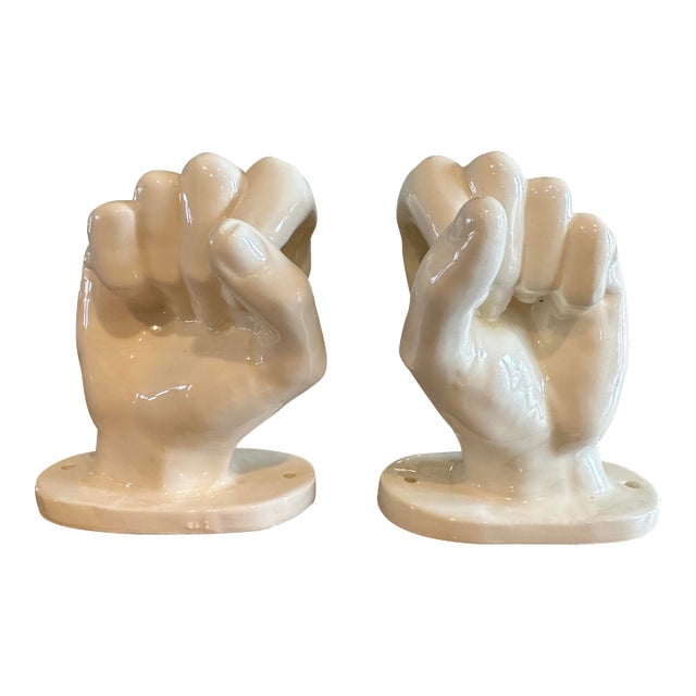 Pair of Vintage 1977 Nancy Funk White Ceramic Wall Mounted Hands - Signed For Sale