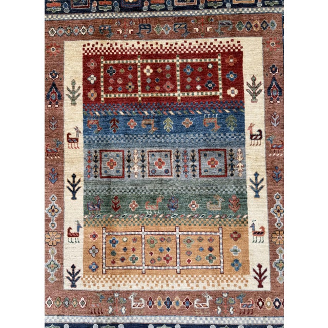 Textile Blue Rust Hand Knotted Qashqai Design Tribal Wool Rug, 04'11 X 06'09 For Sale - Image 7 of 11