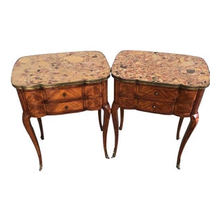1940s Pair of French Side Tables With Inlaid Wood and a Brass and Stone Top For Sale