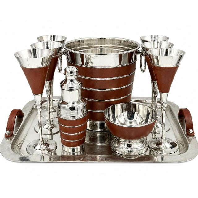 Vintage Brown Leather & Stainless Steel Ice Bucket, Glasses, Shaker & Bowl Set- 10 Pieces For Sale - Image 10 of 10
