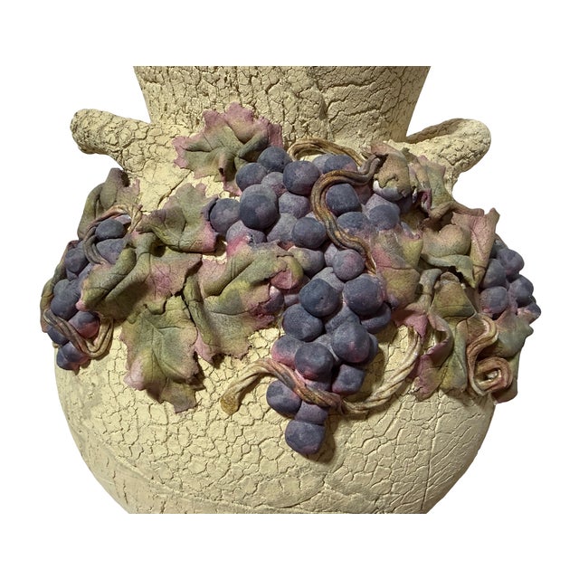 Vintage Large Sculptural Art Pottery Grape Motif Amphora Style Vase - Artist Signed Presenting a striking, late 20th...