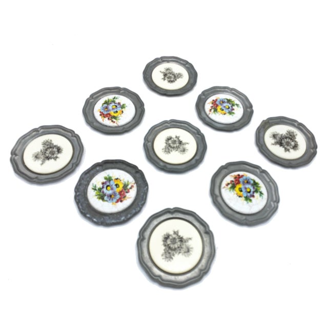 1960s Mid-Century German Pewter and Floral Ceramic Coasters - Set of 9 For Sale - Image 5 of 5