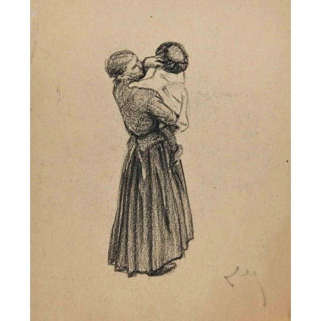 The Mother and Child is an original Drawing in charcoal on ivory-colored paper realized by An anonymous artist in the...