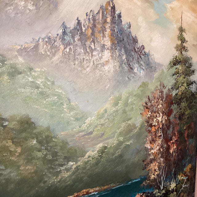 Textile Mid 20th Century Painting on Canvas “Misty Mountain“ Signed Framed For Sale - Image 7 of 12