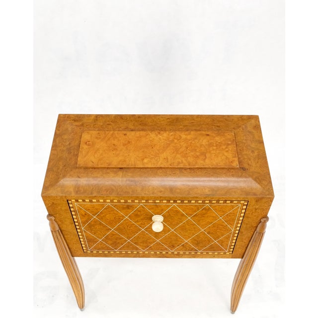 Mid-Century Modern Art Deco Diamond Inlay Drop Front Burl Wood Stand Side Table Fluted Tapered Leg For Sale - Image 3 of 12