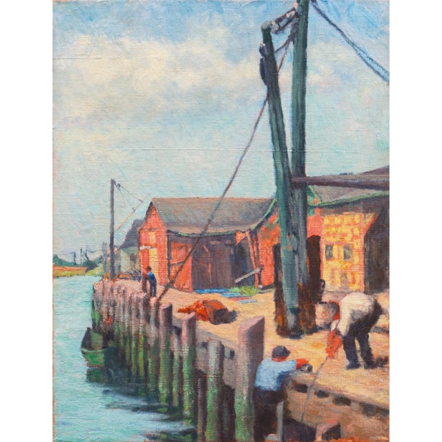 'The Old Wharf', American School Marine Figural, Circa 1925, Nautical Oil, Industrial Harbor For Sale - Image 9 of 9