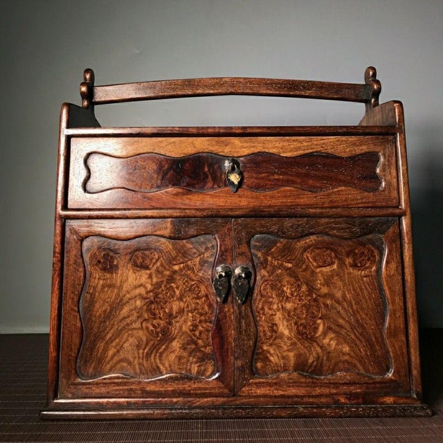 1970s Vintage Chinese Rosewood Tea Caddy Box With Handle and Double Doors For Sale - Image 5 of 7