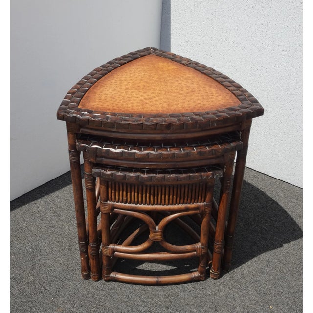Set Three Vintage Bamboo Rattan Leather Ostrich Nesting Tables ~ French Country Gorgeous Nesting Tables in Good Vintage...