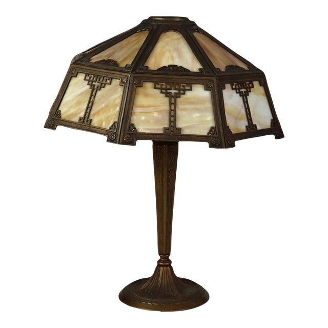 Antique Arts & Crafts Slag Glass Table Lamp C1910 For Sale