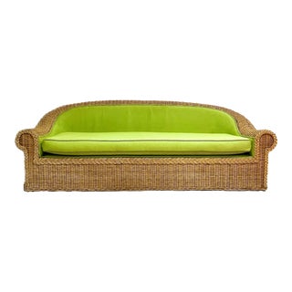 Vintage Large Green Upholstered Rattan Sofa For Sale