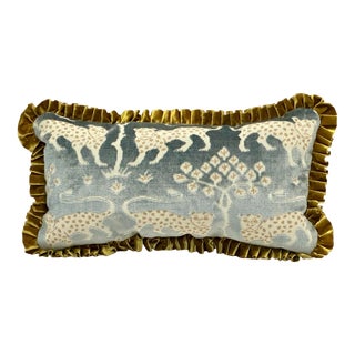 10” X 20” Schumacher Woodland Leopard in Mineral Lumbar Pillow With Pleated Trim For Sale