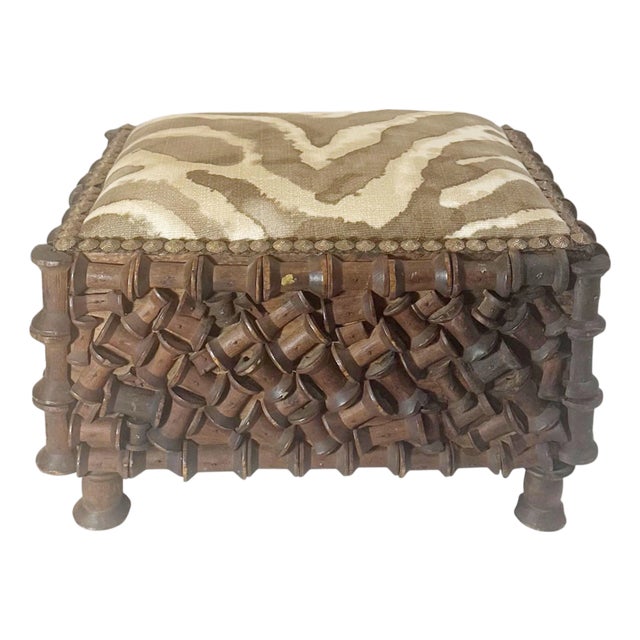 Early 1900s Tramp Art Spool Footstool Upholstered in Clarence House Linen For Sale