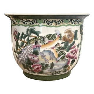 Vintage Chinese Chinoiserie Hand Painted Famille Rose Cachepot / Cache Pot / Jardinere/ Fishbowl Planter With Peacock Motif and Moriage Beading For Sale