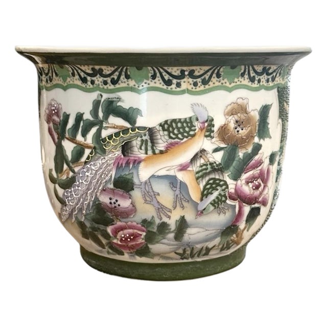 Vintage Chinese Chinoiserie Hand Painted Famille Rose Cachepot / Cache Pot / Jardinere/ Fishbowl Planter With Peacock Motif and Moriage Beading For Sale