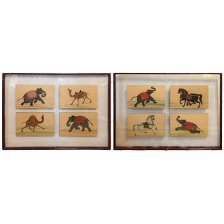 Fascinating Framed Hand-Painted Collection of Circus Animals - a Pair For Sale