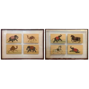 Fascinating Framed Hand-Painted Collection of Circus Animals - a Pair