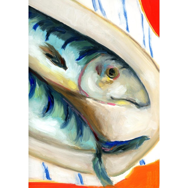 Red Mid-Century Modern "Two Fish and Lemons" Vintage Style Still Life Oil Painting by Alexandra Swistak, Framed For Sale - Image 8 of 9