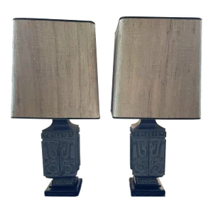 Late 19th Century Chinese Qing Dynasty Cast-Bronze Table Lamps With Green Grass Cloth Shades - a Pair