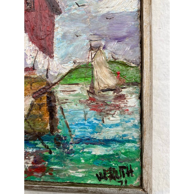 Impressionist 1970’s Original Expressionist New England Seaport Village Sailboats Small Painting Signed & Framed For Sale - Image 3 of 5