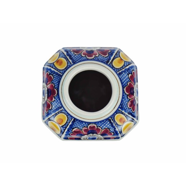 Ceramic Hand-Painted Delft Hexagonal Lidded Ginger Jar or Tea Caddy Multi-Color Floral Motifs and Artist Monogram For Sale - Image 7 of 8