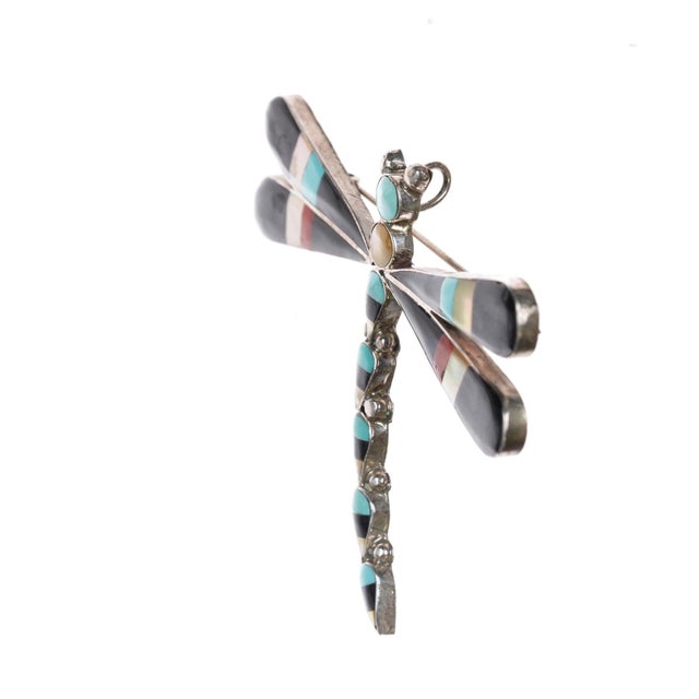 Mid-Century Modern Large Zuni sterling dragonfly pendant turquoise, jet, coral, shell inlay For Sale - Image 3 of 8
