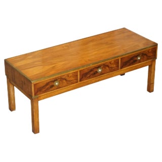 Burr Walnut & Brass Military Campaign 3-Drawer Coffee Table For Sale