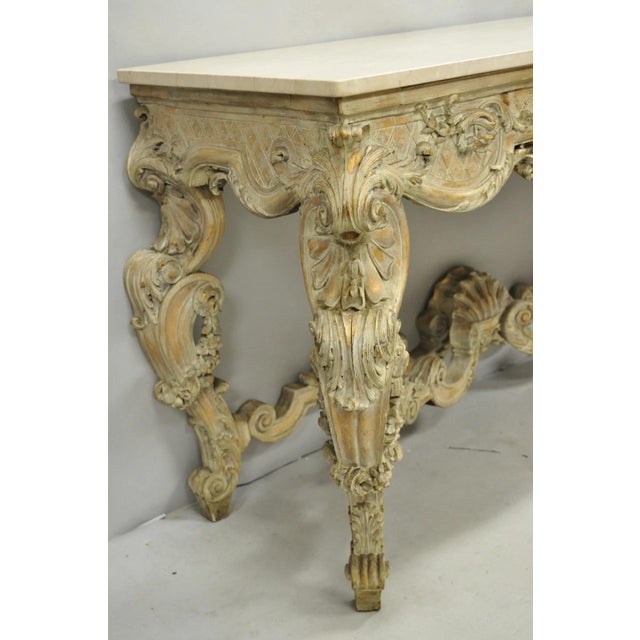 White Antique French Louis XV Rococo Style Shell Carved Marble Top Console Table For Sale - Image 8 of 15