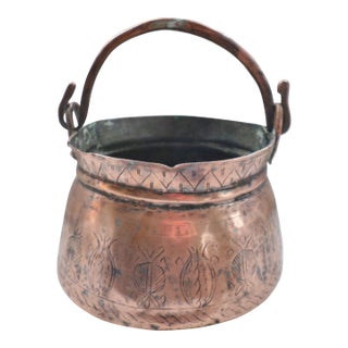 Antique Middle Eastern Engraved Copper Pot With Handle and Sprout For Sale