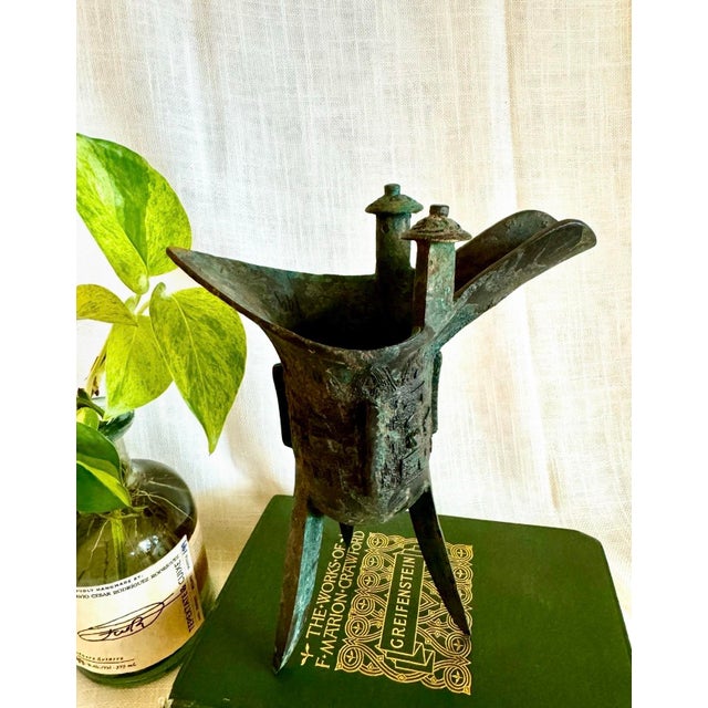 Chinese Archaic-Style Bronze Jue Wine Vessel Sculpture With Verdigris Patina For Sale - Image 12 of 12