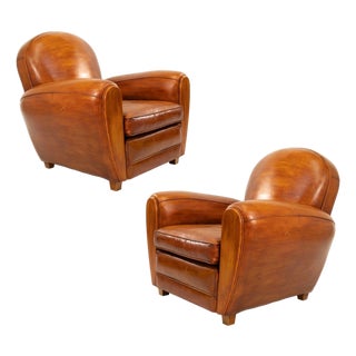 Pair of Artisan-Made Cognac Leather Armchairs For Sale