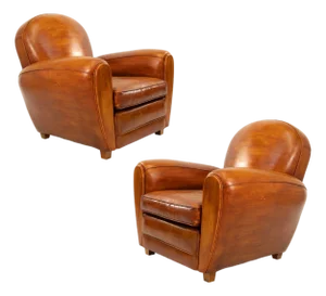 Pair of Artisan-Made Cognac Leather Armchairs