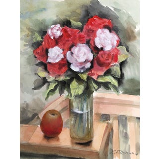 Erik Freyman, Roses and Apple, Watercolor With Pastel For Sale