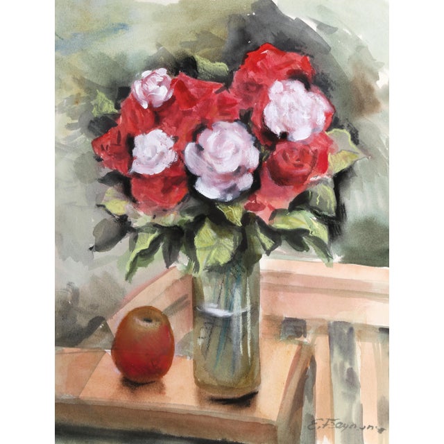 Erik Freyman, Roses and Apple, Watercolor With Pastel For Sale