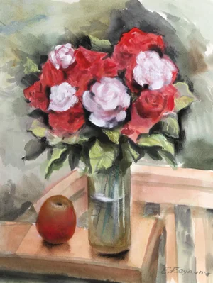 Erik Freyman, Roses and Apple, Watercolor With Pastel
