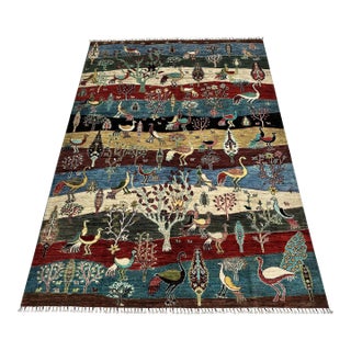 Multicolor Afghan Pictorial Bird & Tree Hand-Knotted Wool Rug - 9'7" X 6'9" For Sale