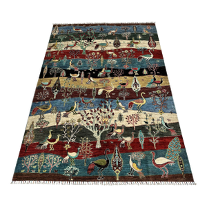 Multicolor Afghan Pictorial Bird & Tree Hand-Knotted Wool Rug - 9'7" X 6'9"