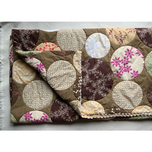 Hippie-Chic Japanese Cotton Medallion Quilt — Chocolate Brown & Pink Floral Circles, Hand Quilted, 66x88P For Sale - Image 6 of 18