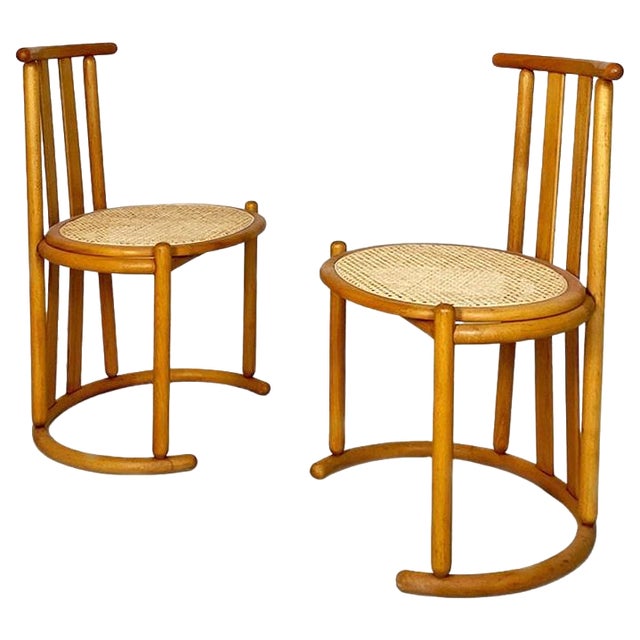 Set of Italian Modern Wood and Vienna Straw High Backed Chairs, 1980s For Sale