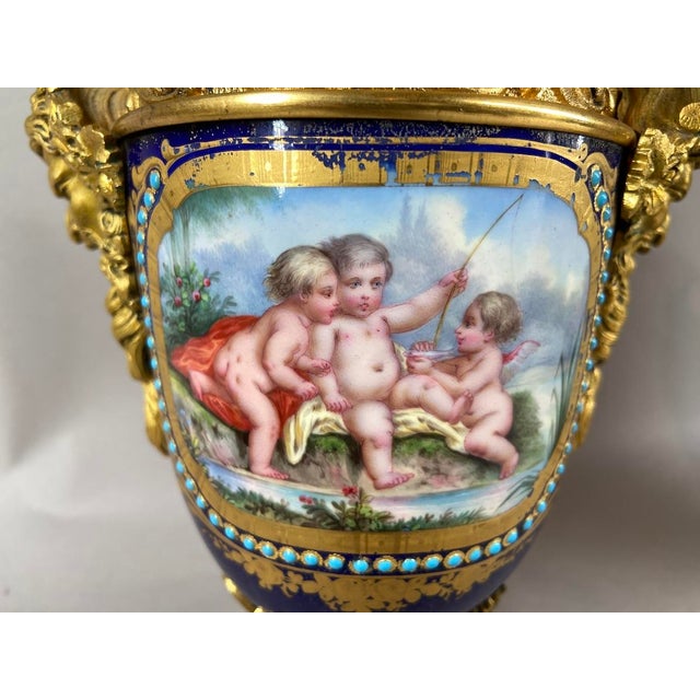 1880s French Sevres Style Blue Ormolu Porcelain Urns-Pair For Sale - Image 12 of 13